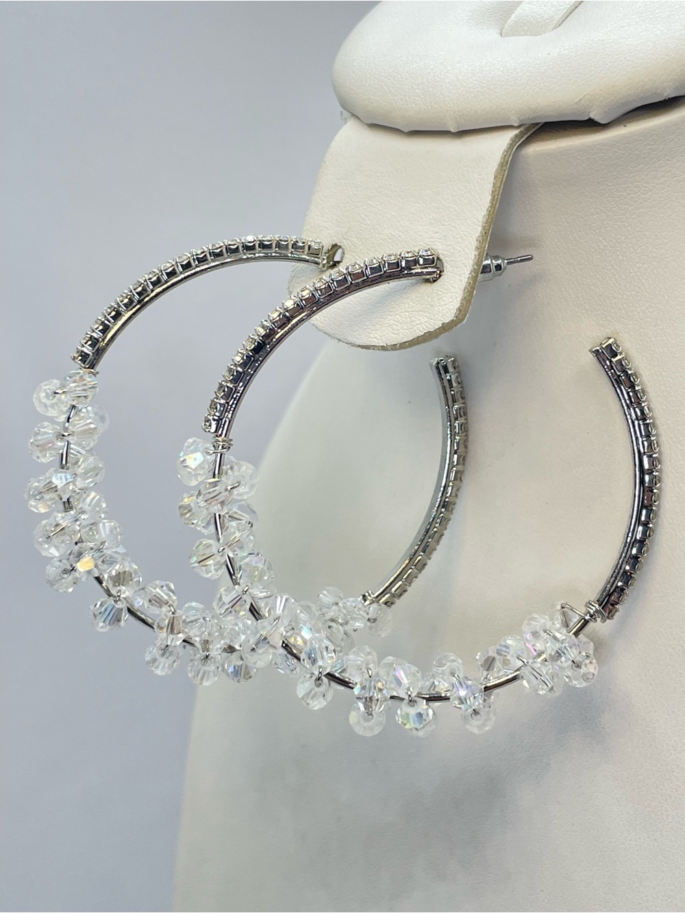 Silver Crystal Glass Hoop Earrings Statement Sparkle Elegant Glam Bold